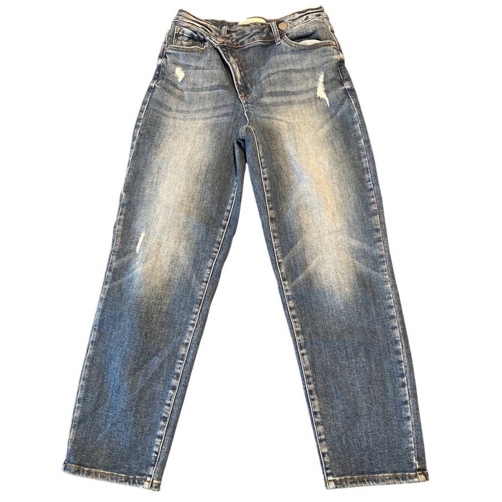 Risen Jeans Womens Size 3/26 Asymmetric Crossover Waist Distressed Straight Leg